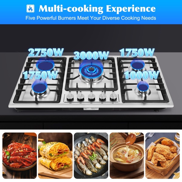 Plaque de cuisson à gaz 5 zones - 33,8 cm - Réchaud de camping 5 brûleurs - Réchaud à gaz/électrique/cuisinière à gaz/cuisinière à gaz/gaz naturel