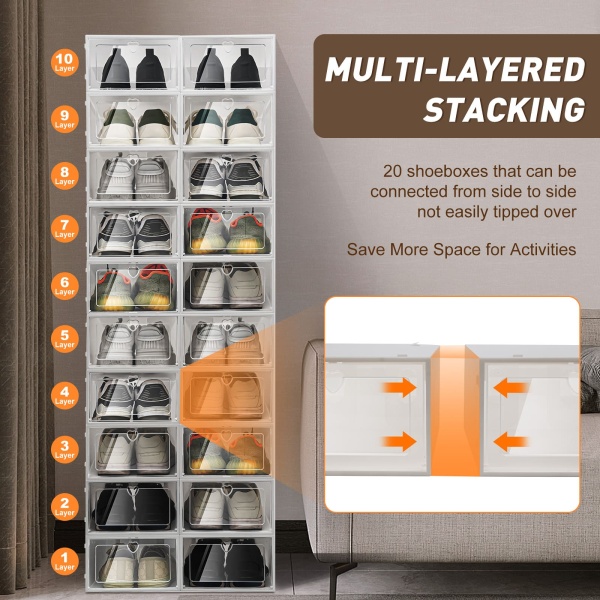 Lot de 20 boîtes de rangement à chaussures en plastique transparent empilables et durables 33 x 23 x 14 cm
