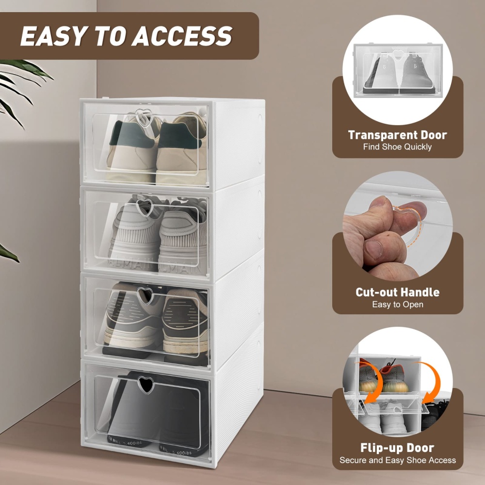 Lot de 20 boîtes de rangement à chaussures en plastique transparent empilables et durables 33 x 23 x 14 cm