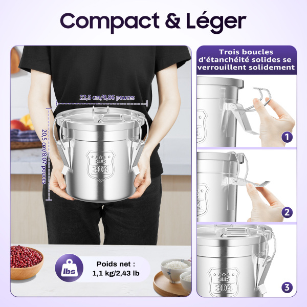 Récipient à céréales en acier inoxydable 6 L/12 l pour la cuisine et la farine d'huile Récipient à céréales en acier inoxydable 6 L/12 l pour la cuisine et la farine d'huile