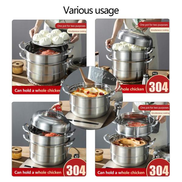 Lot de 5 marmites à vapeur en acier inoxydable avec couvercle en verre - 56 x 32 x 32 cm - Durable - Ne se déforme pas facilement.