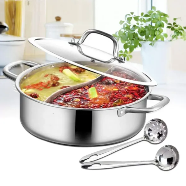 Marmite chinoise en acier inoxydable 304 avec couvercle - 2 louches à soupe - 28 cm - Pour plaque à induction
