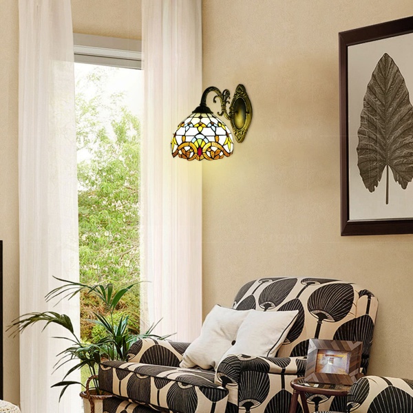 Applique murale rétro style maison de campagne Tiffany - Lampe de chevet avec interrupteur à tirette