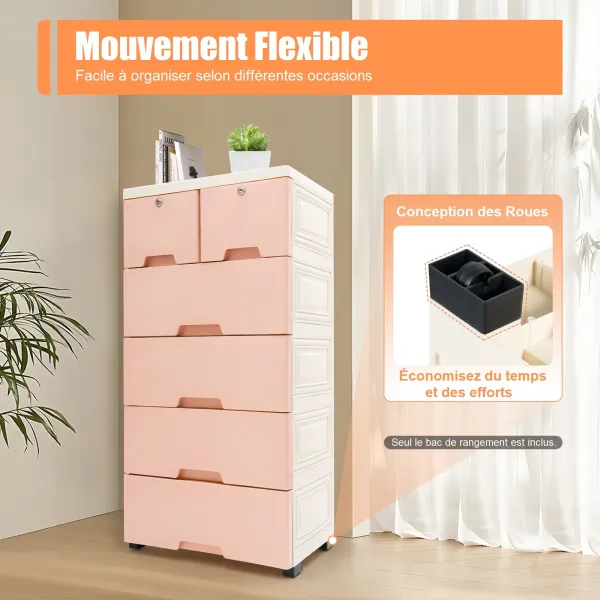 Commode de chevet en plastique avec 6 tiroirs - Avec 4 roues Home (39,7 x 33,8 x 13,8 x 40 cm) - Rose