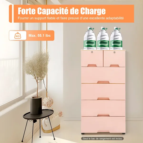 Commode de chevet en plastique avec 6 tiroirs - Avec 4 roues Home (39,7 x 33,8 x 13,8 x 40 cm) - Rose