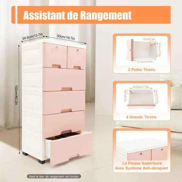 Commode de chevet en plastique avec 6 tiroirs - Avec 4 roues Home (39,7 x 33,8 x 13,8 x 40 cm) - Rose