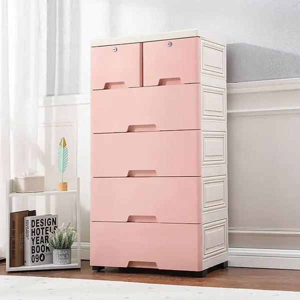 Commode de chevet en plastique avec 6 tiroirs - Avec 4 roues Home (39,7 x 33,8 x 13,8 x 40 cm) - Rose