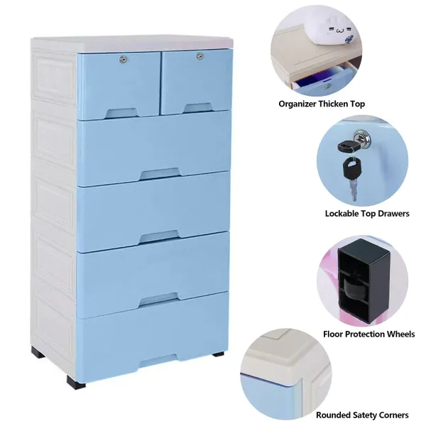 Meuble de rangement à 6 tiroirs en plastique pour chambre à coucher, chambre d'enfant, bleu