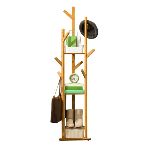 Porte-manteaux en bambou avec 3 étagères et 8 crochets, montage facile et stable - Pour chaussures, chapeaux, sacs et écharpes - 165 cm