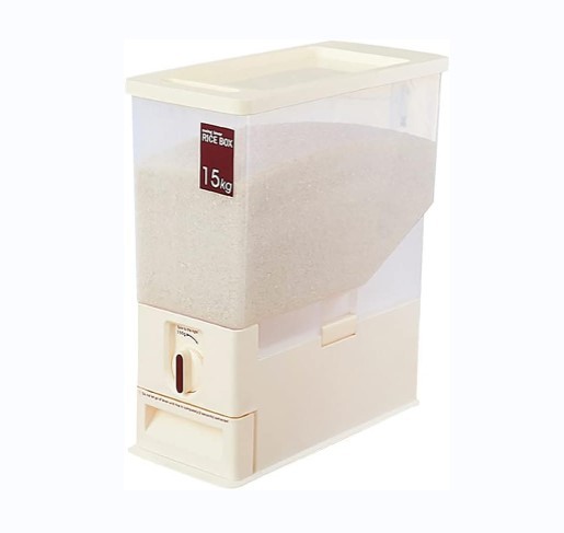 Récipient à riz pour cuisine, distributeur de riz de 15 kg, boîte de rangement alimentaire, gobelet doseur, convient pour le soja, le maïs (beige)
