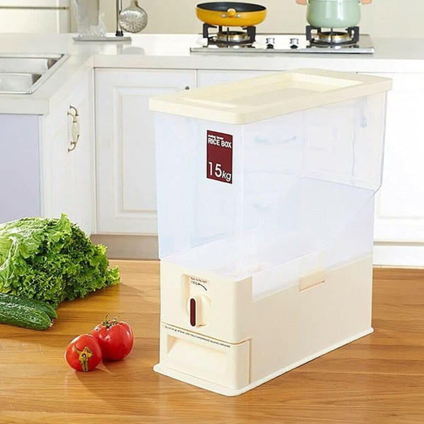 Récipient à riz pour cuisine, distributeur de riz de 15 kg, boîte de rangement alimentaire, gobelet doseur, convient pour le soja, le maïs (beige) Récipient à riz pour cuisine, distributeur de riz de 15 kg, boîte de rangement alimentaire, gobelet doseur, convient pour le soja, le maïs (beige)