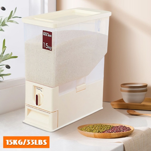 Récipient à riz pour cuisine, distributeur de riz de 15 kg, boîte de rangement alimentaire, gobelet doseur, convient pour le soja, le maïs (beige)