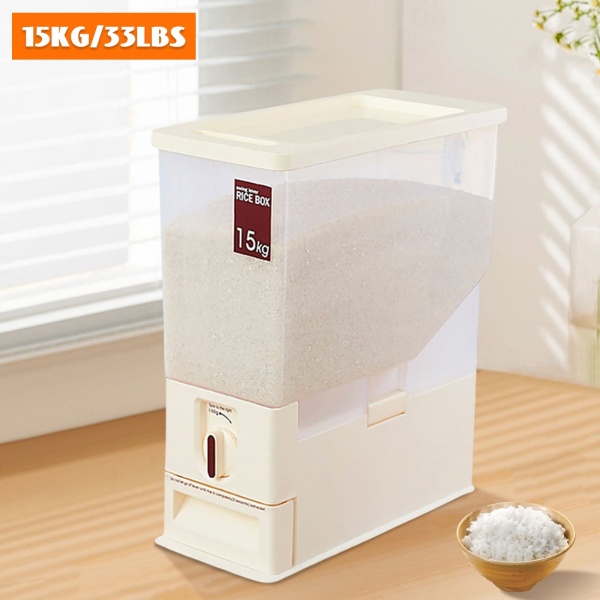 Récipient à riz pour cuisine, distributeur de riz de 15 kg, boîte de rangement alimentaire, gobelet doseur, convient pour le soja, le maïs (beige) Récipient à riz pour cuisine, distributeur de riz de 15 kg, boîte de rangement alimentaire, gobelet doseur, convient pour le soja, le maïs (beige)