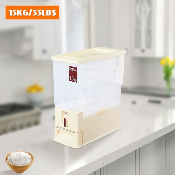 Récipient à riz pour cuisine, distributeur de riz de 15 kg, boîte de rangement alimentaire, gobelet doseur, convient pour le soja, le maïs (beige) Récipient à riz pour cuisine, distributeur de riz de 15 kg, boîte de rangement alimentaire, gobelet doseur, convient pour le soja, le maïs (beige)