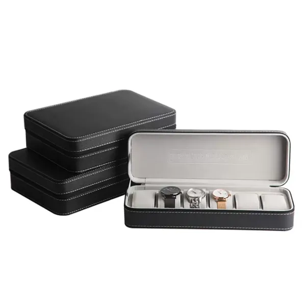Boîte de rangement pour montres 6/10/12 emplacements avec fermeture éclair portable de voyage en cuir synthétique et flanelle (6 emplacements)
