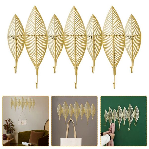 Portemanteau mural en métal avec 7 crochets Motif feuilles dorées 65 x 41,5 x 6 cm