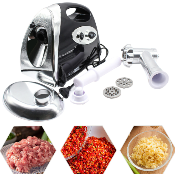 Hachoir électrique en acier inoxydable avec saucisse, fonction inversée, 3 trous Hachoir électrique en acier inoxydable avec saucisse, fonction inversée, 3 trous