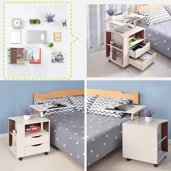 Table d'appoint avec roulettes - Hauteur réglable - Avec rail pratique pour tablette et rangement multi-couches