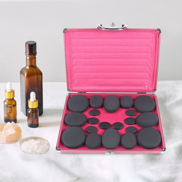 20 Pièces Les pierres de Lave pour un Massage Basalte Kit de Pierres Chaudes avec Boîte Chauffante Hot Stone Massage Chaud pour Spa, Bien-être