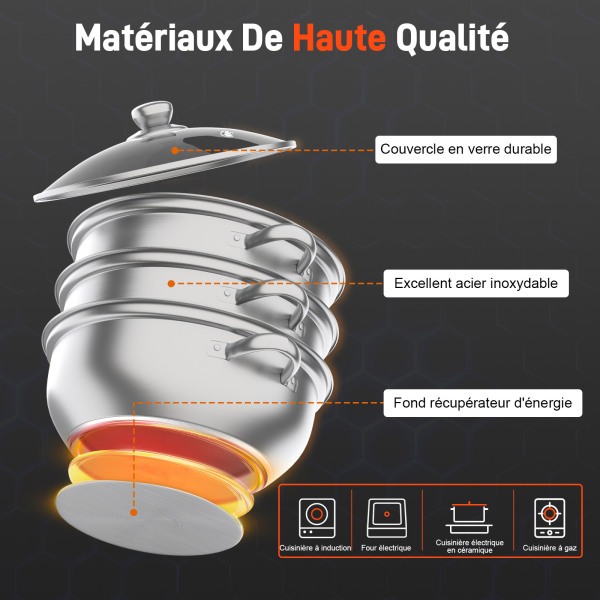 Cuiseur vapeur en acier inoxydable avec couvercle en verre - 3 étages - Cuiseur à vapeur - Cuiseur à vapeur avec cuiseur à légumes et à induction