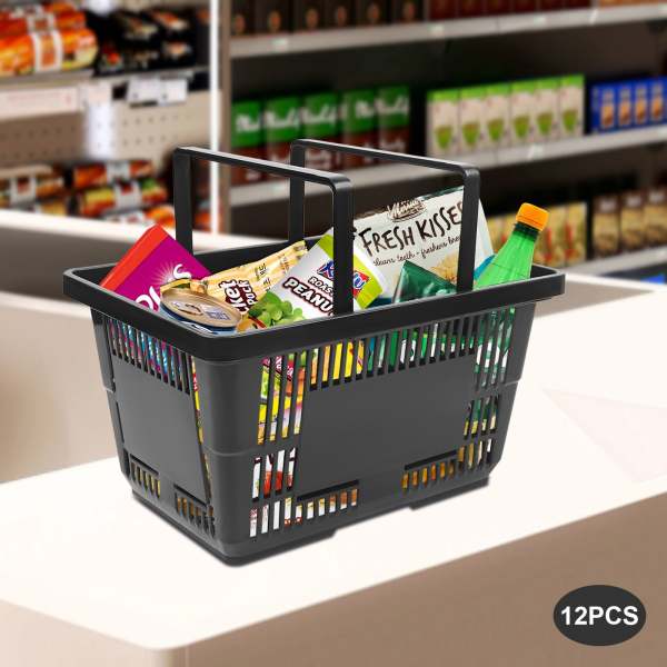 Lot de 12 paniers de courses pliables en plastique Panier d'achat noir grand format avec poignées pour le shopping 36*22*25㎝
