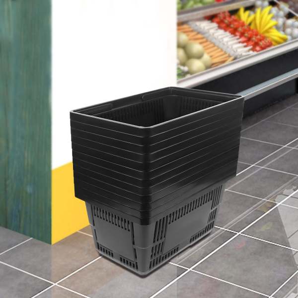 Lot de 12 paniers de courses pliables en plastique Panier d'achat noir grand format avec poignées pour le shopping 36*22*25㎝