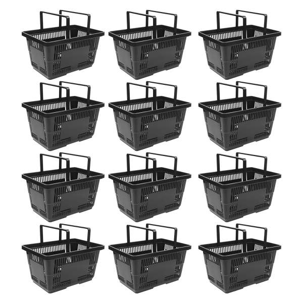 Lot de 12 paniers de courses pliables en plastique Panier d'achat noir grand format avec poignées pour le shopping 36*22*25㎝