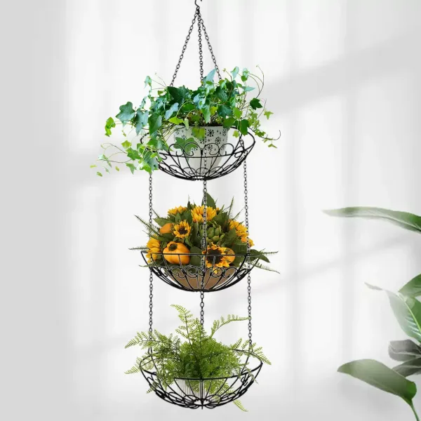 Lot de 3 corbeilles à fruits en fer forgé nordique suspendu avec crochets, panier de rangement pour pots de fleurs