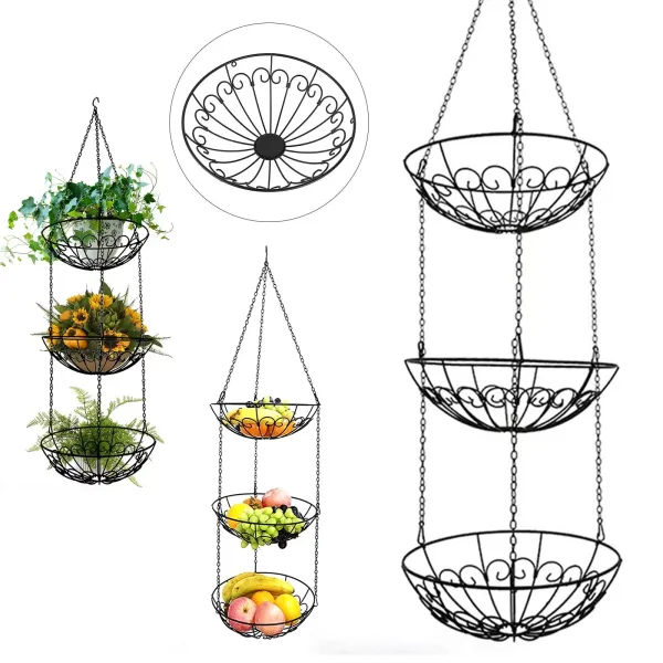 Lot de 3 corbeilles à fruits en fer forgé nordique suspendu avec crochets, panier de rangement pour pots de fleurs