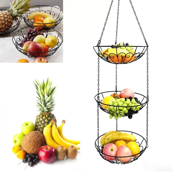 Lot de 3 corbeilles à fruits en fer forgé nordique suspendu avec crochets, panier de rangement pour pots de fleurs