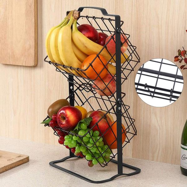 Corbeille à fruits avec rangement à 2 étages, corbeille à fruits en métal, 2 étages, panier à légumes suspendu pour animaux