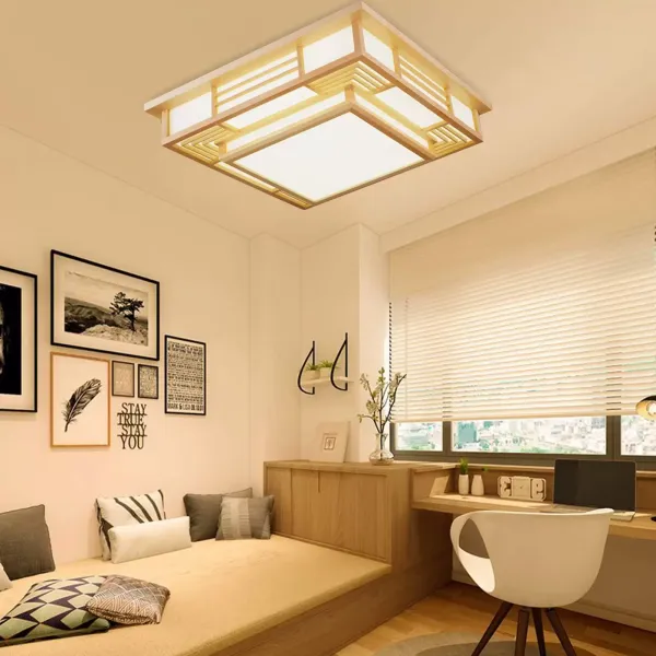 Plafonnier japonais à LED - En bois massif - Géométrie créative - Pour salon, chambre à coucher