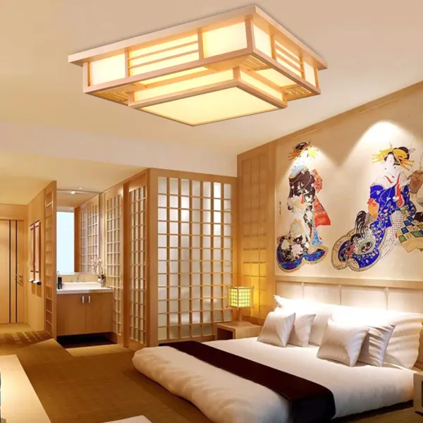 Plafonnier japonais à LED - En bois massif - Géométrie créative - Pour salon, chambre à coucher