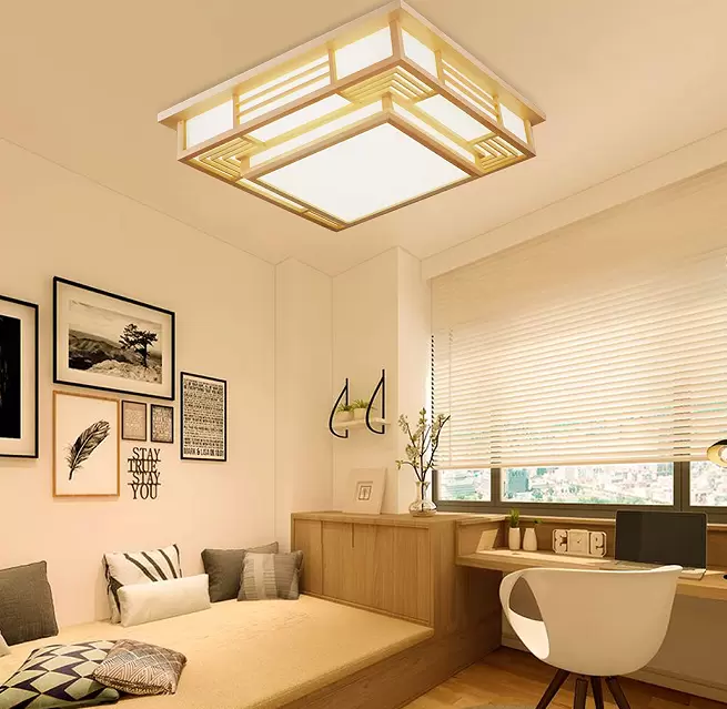 Plafonnier japonais à LED - En bois massif - Géométrie créative - Pour salon, chambre à coucher