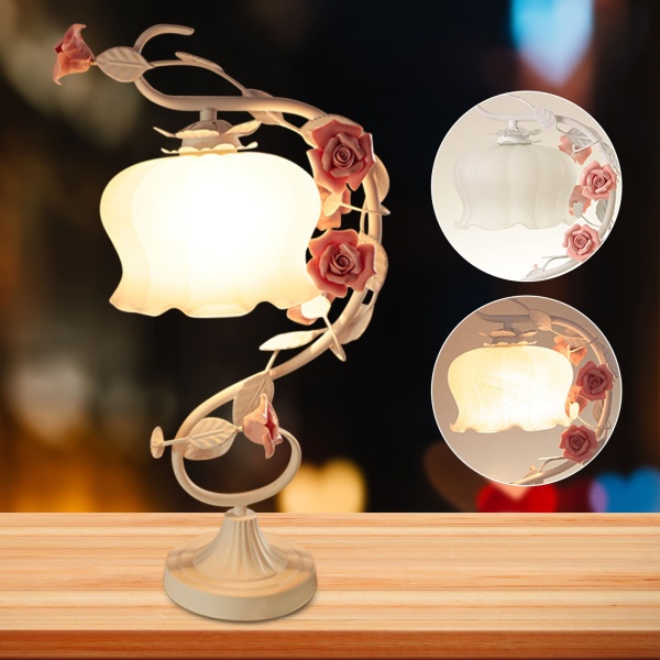 Lampe de Chevet Chambre, Lampe de chevet design, Lampe de Table Florale en Métal, Lampe de table pastorale créative, Motif de fleurs de simulation