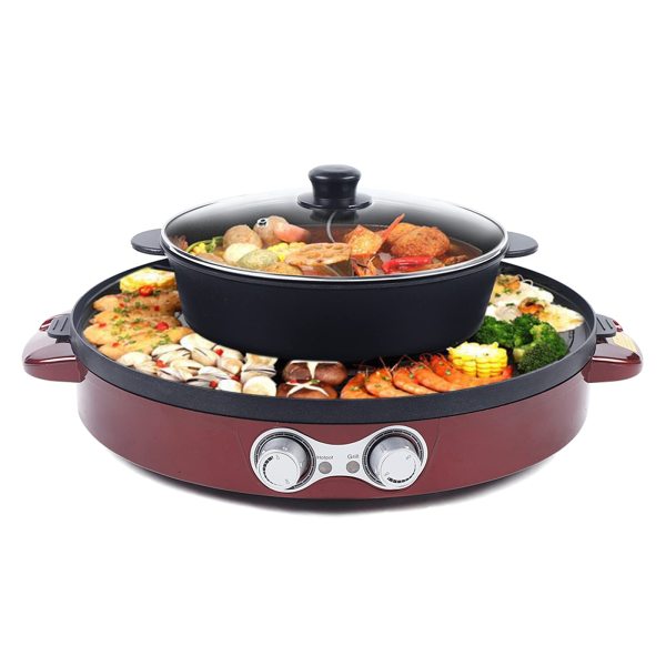 Poêle à griller électrique 2 en 1 Hot Pot multifonction - Anti-adhésive - Double casserole + barbecue
