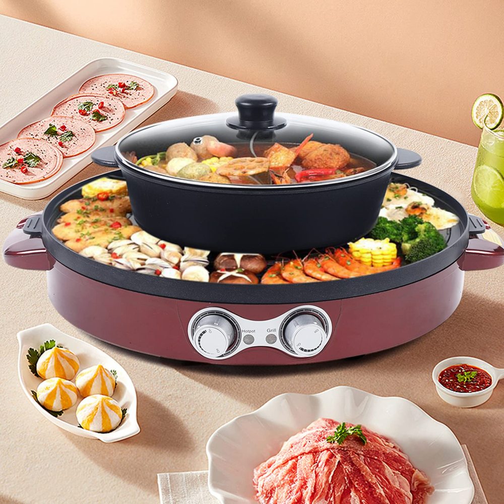Poêle à griller électrique 2 en 1 Hot Pot multifonction - Anti-adhésive - Double casserole + barbecue