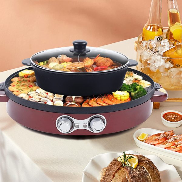 Poêle à griller électrique 2 en 1 Hot Pot multifonction - Anti-adhésive - Double casserole + barbecue