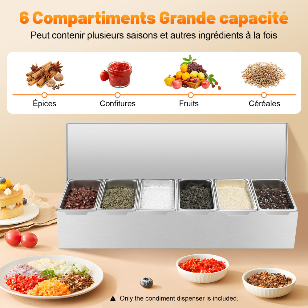 Lot de 6 boîtes à épices en acier inoxydable avec couvercles, récipients à épices, Boîte à ingrédients, 6 compartiments
