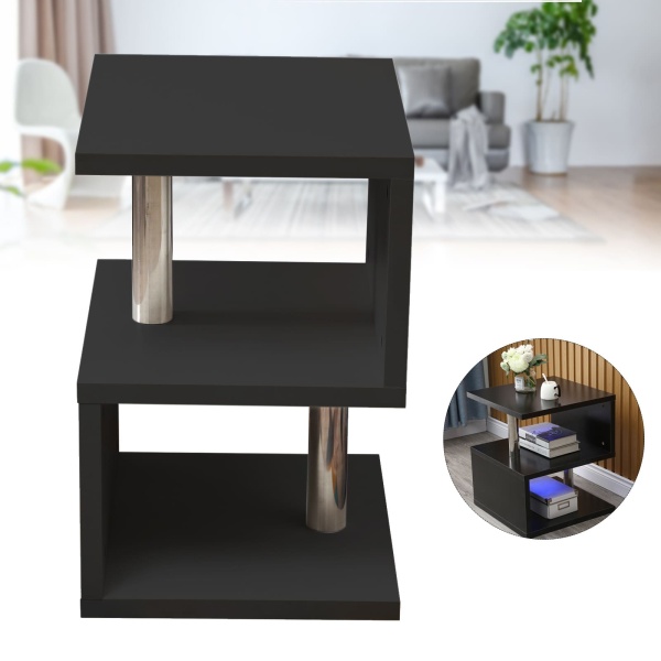 Table d'appoint à 2 niveaux - Table de chevet brillante - Table basse - Table de téléphone - Table basse avec LED - Design moderne - Noir Table d'appoint à 2 niveaux - Table de chevet brillante - Table basse - Table de téléphone - Table basse avec LED - Design moderne - Noir