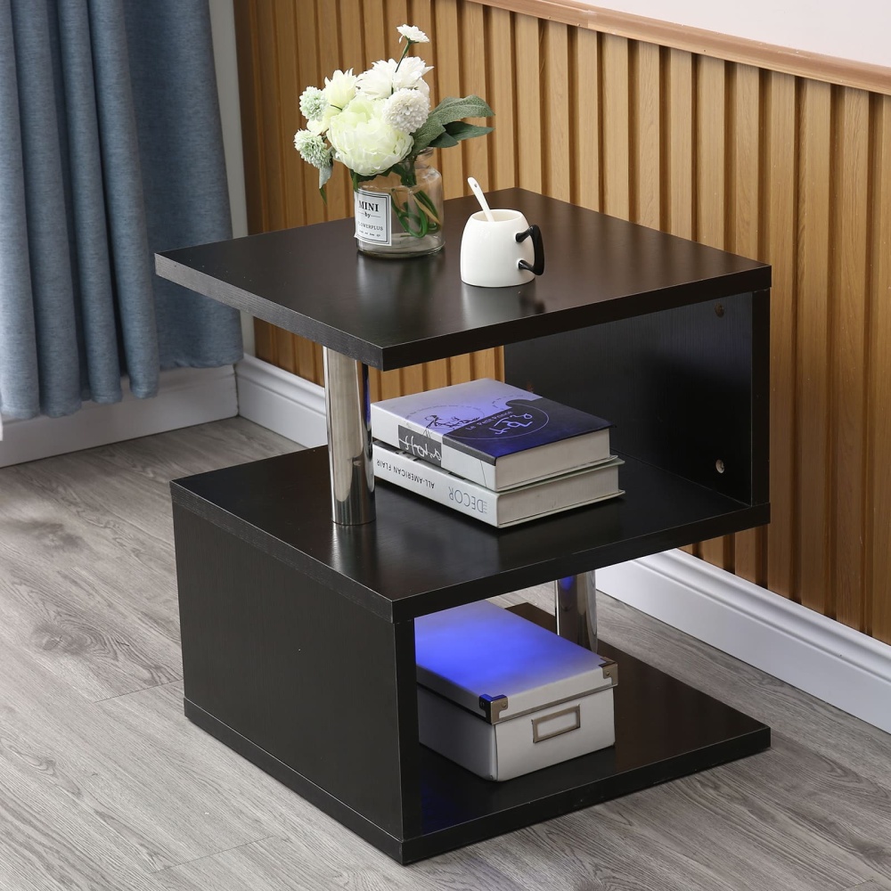 Table d'appoint à 2 niveaux - Table de chevet brillante - Table basse - Table de téléphone - Table basse avec LED - Design moderne - Noir