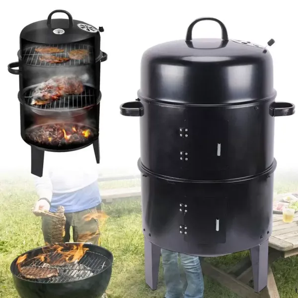Barbecue fumoir multifonction 3 en 1, double couche, barbecue au charbon de bois avec thermomètre, barbecue d'extérieur