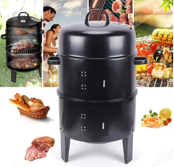 3-in-1 multifunctionele rookgrill, dubbellaags, houtskoolgrill met thermometer, buitengrill