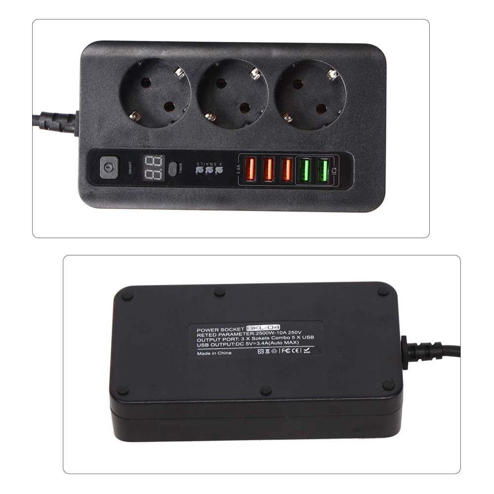 2M Multiprise de Voyage Multiprise avec 3 Prises et 5 USB Multiprise Arrêt Automatique Port USB et Chargeur USB