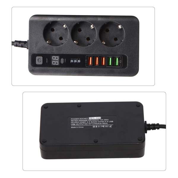 2M Multiprise de Voyage Multiprise avec 3 Prises et 5 USB Multiprise Arrêt Automatique Port USB et Chargeur USB