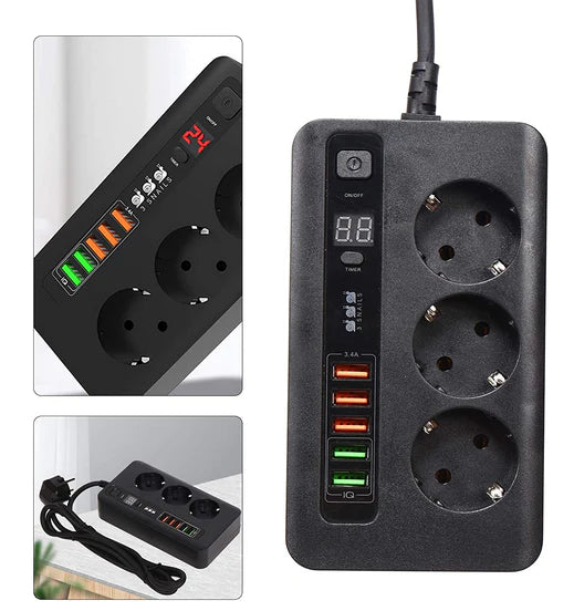 2M Multiprise de Voyage Multiprise avec 3 Prises et 5 USB Multiprise Arrêt Automatique Port USB et Chargeur USB