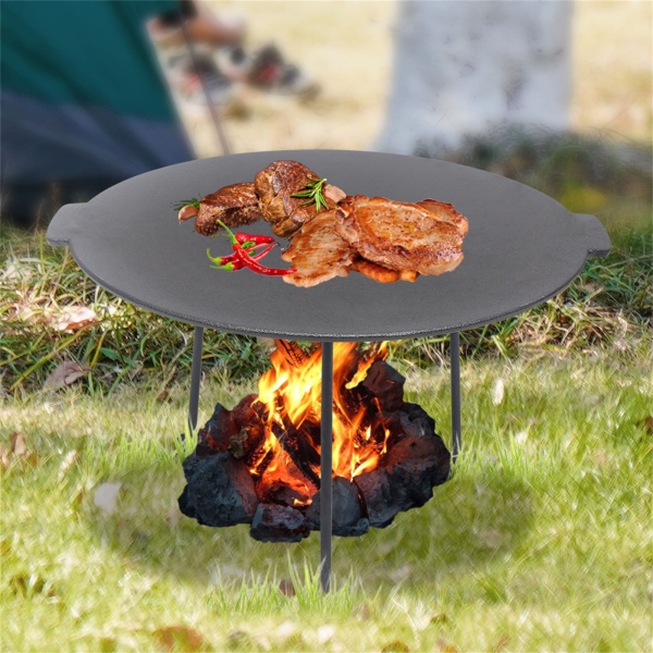 Poêle à griller en fonte, poêle à barbecue en fonte avec 3 pattes, ronde, trépied, plaque de cuisson en fonte - Nettoyage facile