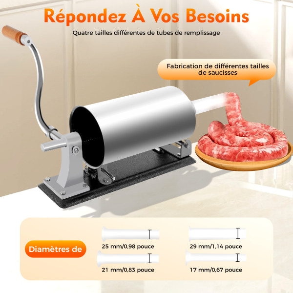 Machine à saucisses manuelle en acier inoxydable - 3 l - Outil manuel avec 4 tubes à saucisses - Utilisation domestique commerciale