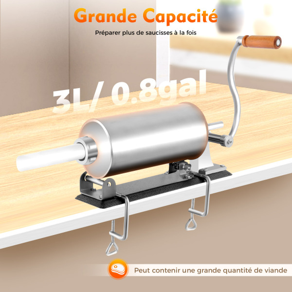 Machine à saucisses manuelle en acier inoxydable - 3 l - Outil manuel avec 4 tubes à saucisses - Utilisation domestique commerciale Machine à saucisses manuelle en acier inoxydable - 3 l - Outil manuel avec 4 tubes à saucisses - Utilisation domestique commerciale