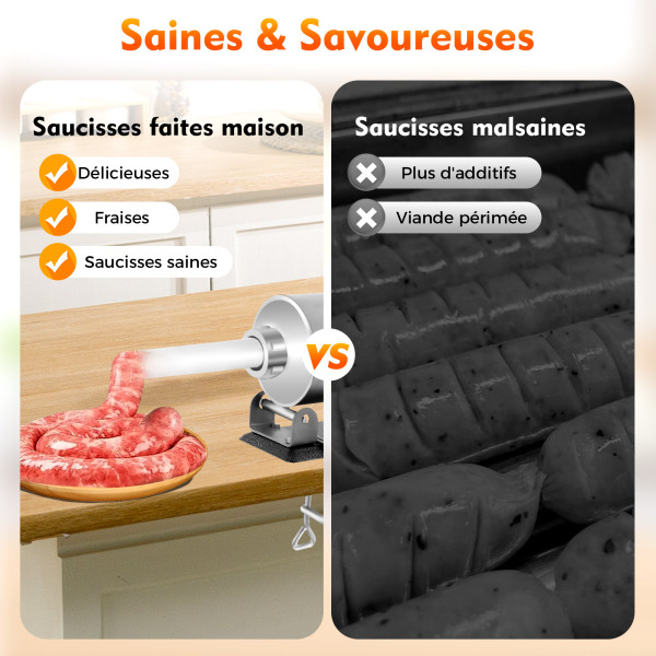 Machine à saucisses manuelle en acier inoxydable - 3 l - Outil manuel avec 4 tubes à saucisses - Utilisation domestique commerciale Machine à saucisses manuelle en acier inoxydable - 3 l - Outil manuel avec 4 tubes à saucisses - Utilisation domestique commerciale